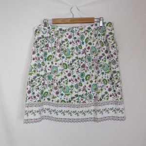 J. Jill White Floral Midi Skirt with Green & Teal Accents